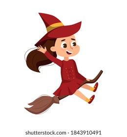 Little Witch Flying on Broom, Cute Girl Wearing Red Dress and Hat Practicing Witchcraft Cartoon Style Vector Illustration