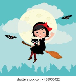 Little witch flying on a broom on the moon background Stock cartoon vector illustration 