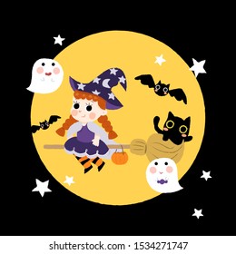 little witch flying on a broomstick witch rats cat and ghosts on halloween