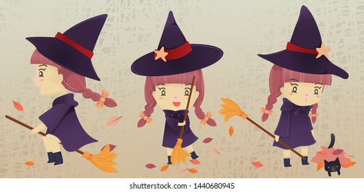 A little witch girl with bloom cartoon character vector on Halloween festival for decoration on advertising design.