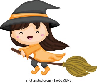 Little witch girl flying with her broom