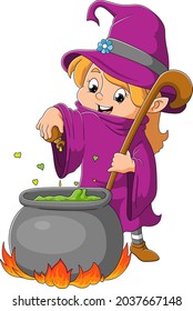 The little witch girl is making the potion in the pot of illustration