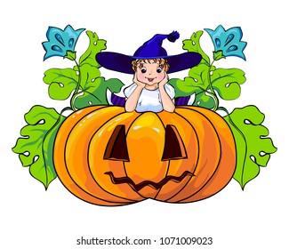 little witch girl sitting on a big pumpkin