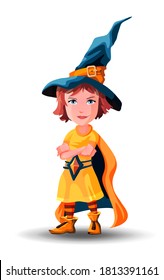 Little witch girl stands with folded hands. Little wizard girl stands with folded hands. Child dressed as a wizard for Halloween. Cartoon vector character on white background. Isolated