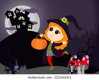 A little witch girl is walking with a candy basket to the castle on the mountain. Cartoon illustration for Halloween.