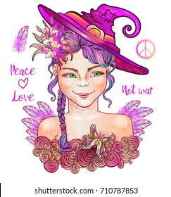 Little Witch. Halloween. Witch hippie peacemaker. Peace and love hippie pacific symbol