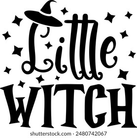 Little witch. Halloween party lettering logo phrase. Black design element. Fashion design. Vector font illustration.