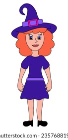 Little witch. Halloween party. Red hair Girl in purple costume. Witch hat and dress. Vector Flat illustration.