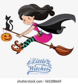 Little Witch. Halloween Witch. Print on T-shirts, bags, stickers or Halloween cards.  Halloween collection.