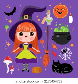 
little witch halloween set with black cat
