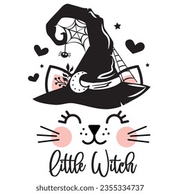Little witch Halloween vector illustration. Cute cat face in witch hat with bats, hearts and spider. Girls Halloween design isolated.