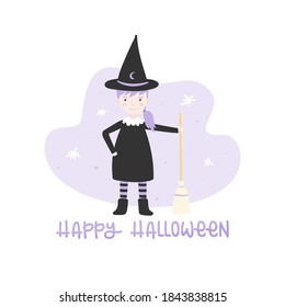 Little witch with hat and broom. Happy Halloween. Vector illustration, flat design