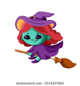 Little witch in hat flying on broom flat color vector illustration. Spooky funny girl magician Halloween character icon on white background