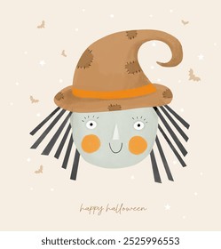 Little Witch Head. Girl in a Witch Hat. Halloween Card. Cute Hand Drawn Witch, Stars and Flying Bats on a Light Beige Background. Funny Halloween Vector Illustration. Happy Halloween. RGB. 