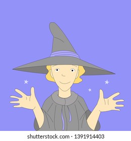 Little witch with her big magic hat and a cape on makes a spell. Halloween theme. Vector line illustration. Cartoon style. Blue background. For web, children book,poster,t-shirt.