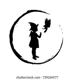 little witch with her crow pet vector illustration.
Halloween theme, costume character silhouette