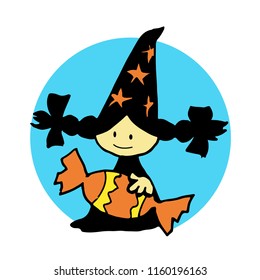 Little witch holding big candy. Cute girl in magic hat with stars. Stock vector illustration.