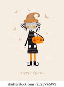 Little Witch Holding Happy Pumpkin. Girl in a Witch Costume. Halloween Card. Cute Hand Drawn Witch, Pumpkin, Stars and Flying Bats on a Light Beige Background. Funny Halloween Vector Illustration. RGB