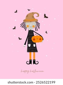 Little Witch Holding Happy Pumpkin. Girl in a Witch Costume. Halloween Card. Cute Hand Drawn Witch, Pumpkin, Stars and Flying Bats on a Light Pink Background. Funny Halloween Vector Illustration. RGB.