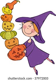 Little witch with huge pile of pumpkin