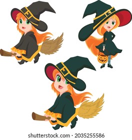 Little Witch kid Cartoon Character Collection. Vector illustration