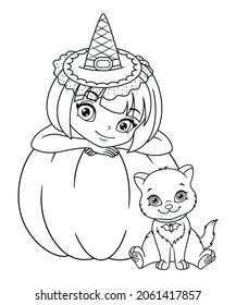 Little witch with kitten for Halloween coloring page. Black and white cartoon illustration