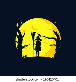 Little Witch logo template with a flying broom