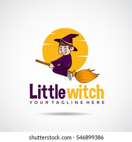 Little Witch logo template with a flying broom. Vector Illustrator eps.10