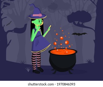 The little witch is looking for a recipe for a potion in a smartphone. Vector illustration drawn in a flat style. Happy Halloween.