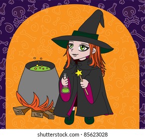 Little witch makes potion(on orange background)