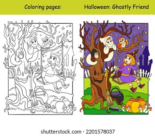 Little witch met with a cute ghost. Halloween concept. Kids coloring book page and color template. Vector cartoon illustration. For print, decor, education and game