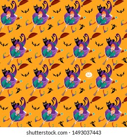 Little witch on a broom with a cat. Happy halloween. Seamless background pattern. Vector illustration. 