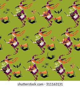 Little witch on a broom with a cauldron, pumpkin and a cat. Happy halloween. Seamless background pattern. Vector illustration