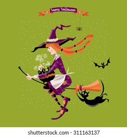 Little witch on a broom with a cauldron and a cat. Happy halloween. Vector illustration