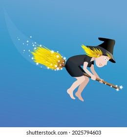 Little witch on her magic broom in a blue sky