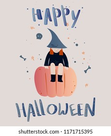 Little witch on a pumpkin, vector