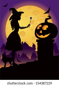 The little witch on the roof in Halloween night vector illustration