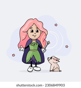 Little witch with pink hair and piggy, Charming girl with pet, Halloween character