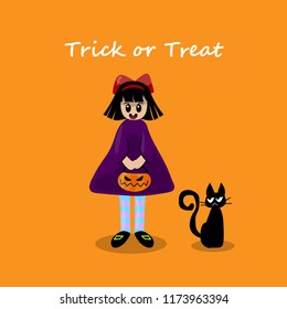 Little witch playing tricks or treat in halloween and carries a pumpkin with black cat,Vector Illustration