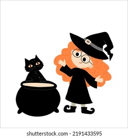 Little witch with pot and black cat. Halloween