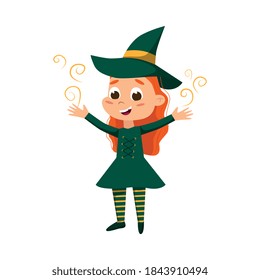 Little Witch Practicing Witchcraft, Cute Girl Wearing Green Dress and Hat Cartoon Style Vector Illustration