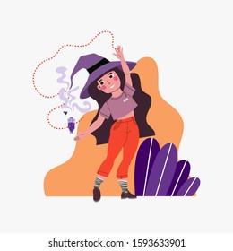 Little Witch With Purple Potion. Magic Illustration In Vector.
