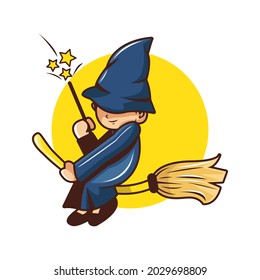 Little witch ride his magic broom ready for halloween party. 31 October. Little kid. Witch costume.