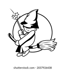 Little witch ride his magic broom ready for halloween party. 31 October. Little kid. Witch costume. Black and white illustration.