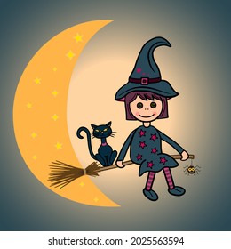 Little witch riding on the moon on Halloween night. Vector Illustration of a witch and her cat on Halloween night.
