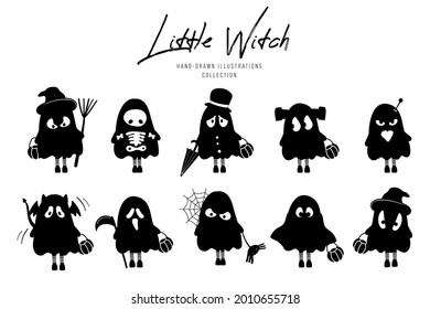 Little witch silhouette of Halloween hand drawn illustration.