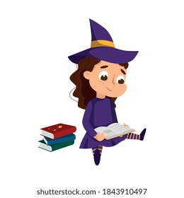 Little Witch Sitting oh Floor and Reading Book, Cute Girl Wearing Purple Dress and Hat Practicing Witchcraft Cartoon Style Vector Illustration