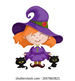 Little witch smiling and petting black kittens. Funny characters for the holiday Halloween. Cartoon vector graphics.