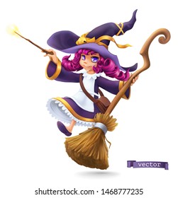 Little witch, sorceress. Happy Halloween. 3d vector cartoon character