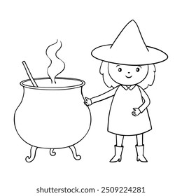 Little witch standing beside a steaming cauldron, black and white cartoon style, Halloween decorations, web design, kids' illustrations. Playful and friendly design suitable for children's products